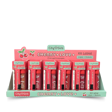 Kit Labial Lápis e Batom Cherry Love City Girls – Box com 24 Unidades