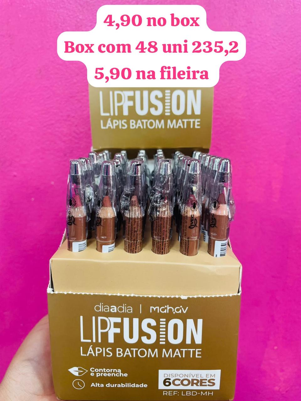 Box c/ 48 Unidades - Lápis Batom Matte Lip Fusion | Mahav (R$ 4,90)