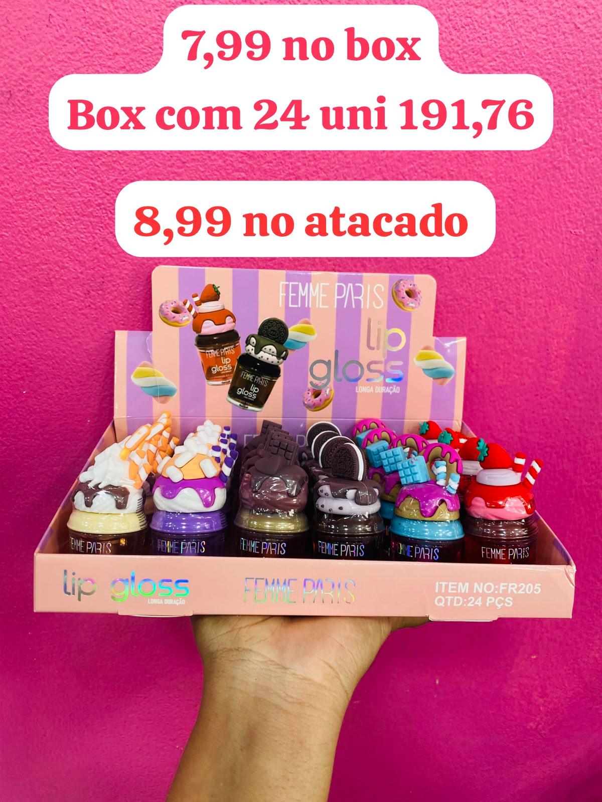 Box Lip Gloss Longa Duração Docinho Femme Paris - 24 Unidades