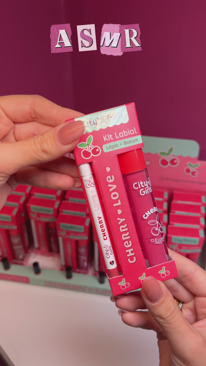 Kit Labial Lápis e Batom Cherry Love City Girls – Box com 24 Unidades